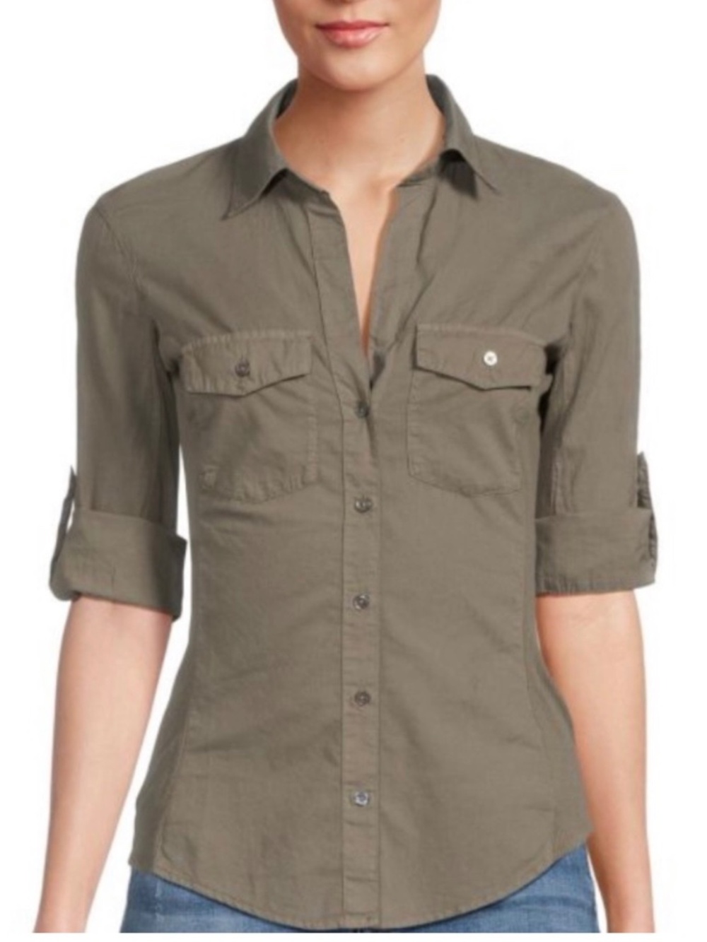 James Perse Olive army green button front ribbed side panel shirt blouse M